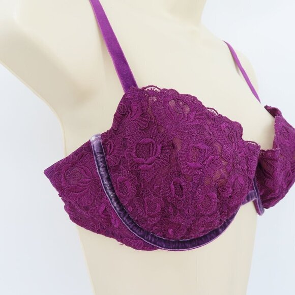 Victorias Secret 36C Bra Very Sexy Push Up Purple Lace Velvet Underwired Unlined - Picture 2 of 15